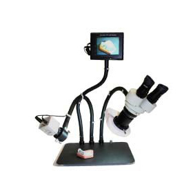 5X/10X scope with fluorescent ring light on arm plus e-VID camera on arm, plus 5� screen on arm-table base-V3-DBLW