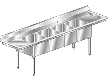 21in Wide Bowl Four Compartment Sink w/ Drainboards