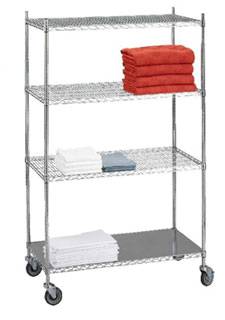 4 Shelf Wire Linen Transport Cart w/ Solid Bottom Shelf - 18in W