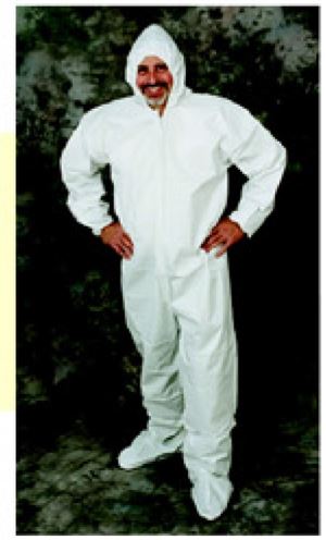 Total liquid-guard coverall pulled hood, safe grip boot covers, elastic cuffs