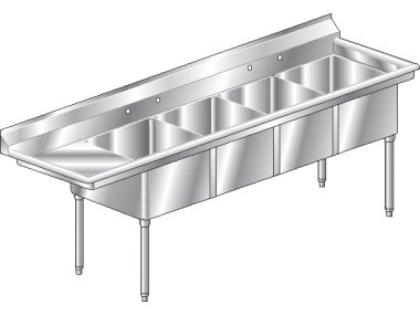 24in Wide Bowl Standard Four Compartment Sink Drainboard