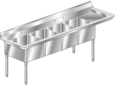 21in Wide Bowl Four Compartment Sink Drainboard